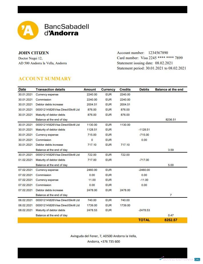 Download Andorra BancSabadell d’Andorra bank statement excel Photoshop template